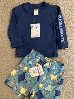 New RuggedButts Navy UPF 50+ Rash Guard & Ocean Sting Ray Swim Shorts Set